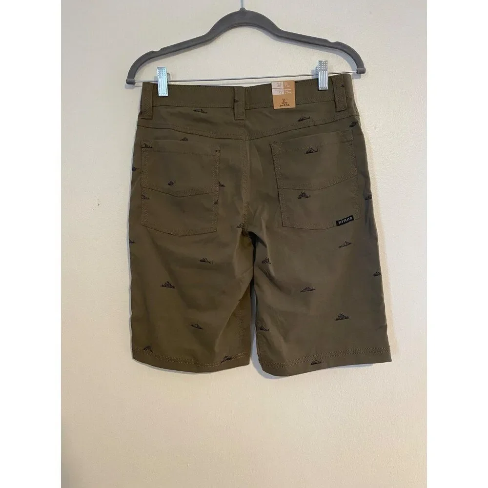 Prana Mens Shorts Slate Green 28” Waist Stretch Slim Fit Mountain Print NEW NWT